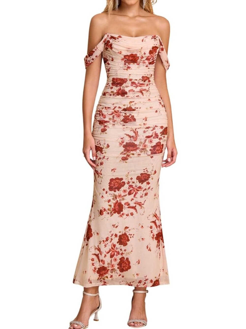 Women's Red Rose Corset Ruched Off The Shoulder Bodycon Cocktail Maxi Dress